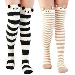 Lupy 2 Paar Kniestrümpfe Damen, Overknee Flauschige Oberschenkel lange Socken, Kuschelsocken Korallenvlies Coral Fleece Warme Süße Thigh High Socks Winter für Frauen Mädchen von Lupy