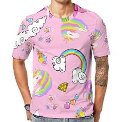 Herren-T-Shirt Rosa Regenbogen Einhorn Muster T-Shirt Mit Kurzen Ärmeln T-Shirt Mit Rundhalsausschnitt von Lurnise