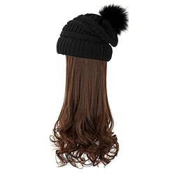 Mütze Hut Strick mit Haaren: Gewellte Lockige Haarverl?ngerungen Perücke Demontierbare Warme Gestrickte Pom- Kappe Angeschlossene Synthetische Haarteile für Frauen Winter von Lurrose