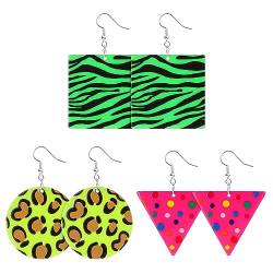 3 Paar Neon Ohrringe Leopardenmuster Geometrische Tropfen Ohrringe Damen Retro Disco Ohrringe 80er 90er Jahre Outfil für Damen und Mädchen Halloween Disco Party Zubehör von Lusofie