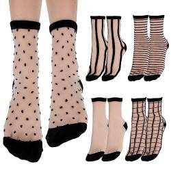 Lusofie 5 Paar Rüschen Socken Damen Kurze Gepunktet Gestreift Kariert Durchsichtige Schwarze Trachtensocken Knöchel Durchsichtiges Netz Sommersocken für Damen Dünn Modisch Socken von Lusofie