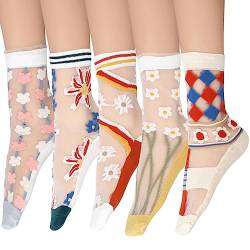 Lusofie 5 Paar Rüschen Socken Damen Transparente Blumensocken Durchsichtige Söckchen Sommersocken Dünne Netz Spitzensocken Feinstrümpfe Damen und Mädchen von Lusofie