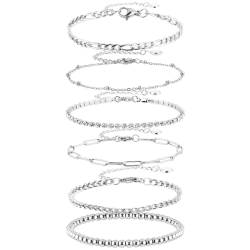 Lusofie 6 Stück Silber Armbänder für Damen Stapelbar Mehrlagig Büroklammer Kettenarmband Verstellbar Modisch Versilbert Kettenarmbänder Schmuck Set von Lusofie