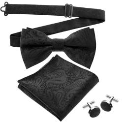 Lusofie Fliege mit Einstecktuch Schwarz Seide mit Manschettenknöpfe Herren Fliege Paisley Schwarz Krawatte Jacquard Einstecktuch Bow Tie Manschettenknöpfe Set Männer Silvester Flie von Lusofie