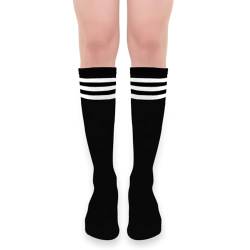 Lusofie Kniestrümpfe Schwarze Streifen Damen Sportliche Socken Gestreift Schwarz Tennissocken Damen Outdoor Sport Lange Thigh Highs Socks Schlauchsocken Damen von Lusofie