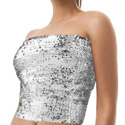 Lusofie Pailletten Rock Glitzer Bandeau Top mit Metallic Stretch Bauchtanz Hüfttuch Silber Bandeau Shorts Trägerloses Damen Pailletten Top Party Club Outfits Bauchtanz Kostüm Damen von Lusofie