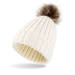 Lusofie Wintermütze Mütze Hut Damen Bommel Pompom Dicke Kordel Baumwolle Wintermütze Weiße Beanie Mütze mit Kunstplüsch Pom Pom Kappe Damen Mädchen von Lusofie