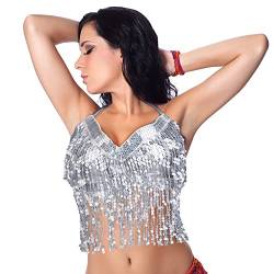 Pailettenoberteile Damen Silber Pailletten Top Bauchtanz Oberteil Rückenfrei Bandage Tank Top Neckholder BH Top mit Quaste Halloween Party Bauchtanz Kostüm Glitzer Top Mädchen Rve Oberteil Damen von Lusofie