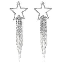 Stern Ohrringe Lang Hängend Damen Silber Glänzend Strass Hängende Ohrringe Quasten Ohrringe Strass Quasten Kettenohrringe Personalisierte Anhänger Ohrringe Brautschmuck Zubehör von Lusofie