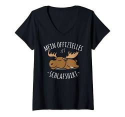 Damen Offizielles Nachthemd, Niedlicher Fauler Elch Spruch T-Shirt mit V-Ausschnitt von Lustige Pyjama Schlafanzug Chillen Sprüche Design