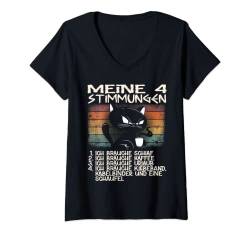 Damen Katze Lustige Sprüche Kaffee Urlaub Meine Vier Stimmungen T-Shirt mit V-Ausschnitt von Lustige Tshirts Für Männer Und Frauen Und Mehr