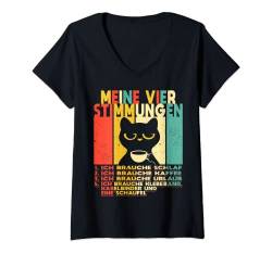 Damen Katze Lustige Sprüche Kaffee Urlaub Meine Vier Stimmungen T-Shirt mit V-Ausschnitt von Lustige Tshirts Für Männer Und Frauen Und Mehr