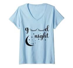 Schlafshirt Damen Good Night Wimpern Mond und Sterne Pyjama T-Shirt mit V-Ausschnitt von Lustiges Schlafshirt Damen Good Night Design