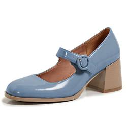 Damen Geschlossene runde Zehe Lackleder Vintage Retro Schnallenriemen Blockabsatz Mary Jane Pumps Schuhe Blau Größe 36 von Lutalica W