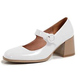 Damen Geschlossene runde Zehe Lackleder Vintage Retro Schnallenriemen Blockabsatz Mary Jane Pumps Schuhe Weiß Größe 36 von Lutalica W
