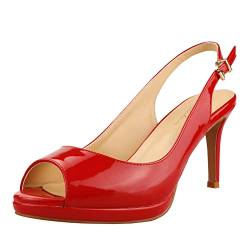 Damen Lackleder Komfort Plattform High Heel Slingback Sandalen Sexy Peep Toe Stiletto High Heel Pumps Rot Größe 42 von Lutalica W