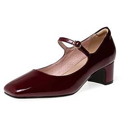 Damen Lackleder Quadratischer Zeh Retro Knöchelriemen Schnalle Chunky Heel Mary Jane Pumps Schuhe Burgund Größe 38 von Lutalica W