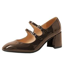 Damen Stilvolle geschlossene runde Zehe Lackleder Riemchen niedriger Blockabsatz Elegante Vintage Mary Jane Pumps Braun Größe 43 von Lutalica W