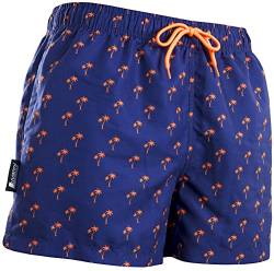 Luvanni Badehose für Herren Schnelltrocknende Badeshorts 22-24 mit Kordelzug Beachshorts Boardshorts Schwimmhose Männer mit Muster Insel Palm Plamen Blau Orange L von Luvanni