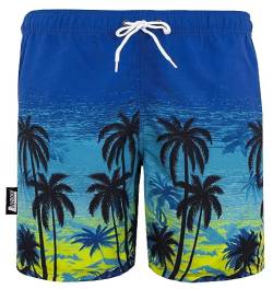 Luvanni Badehose für Herren Schnelltrocknende Badeshorts 439 mit Kordelzug Beachshorts Boardshorts Schwimmhose Männer mit Muster Blautöne Palmen Beach Sonnenuntergang Blau Schwarz XL von Luvanni