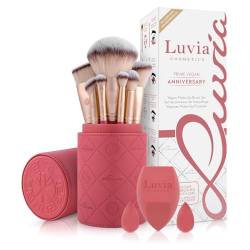 Make-up Pinselset Luvia Prime Vegan Anniversary, 10 Schminkpinsel inkl. Pinselaufbewahrung, 2 Mini Blender & Kosmetikschwamm, Kosmetikpinsel in Gold & Rosy-Coral von Luvia Cosmetics