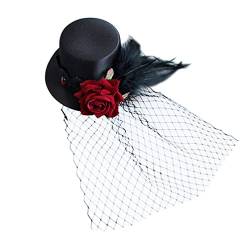 Luxshiny Hüte Stirnbänder Für Damen Schwarz Halloween-mini-hut-clip Mädchenmütze Schwarze Mini-zylinder Hut Mit Schleier Vintage Mesh-hut Mini-hut-stirnband Braut Blumenkopfschmuck Feder von Luxshiny