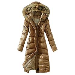 LvRao Damen Lang Daunenmantel Warme Winterjacke mit Fellkapuze Daunen Wintermantel Steppmantel Parka (#1 Khaki, Asien 2XL) von LvRao