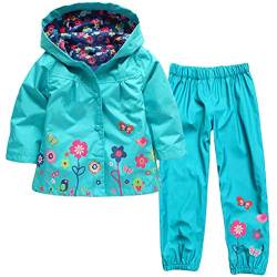 LvRao Kinder Mädchen Regenjacke mit Kapuze Regenhose 2pcs Bekleidungsset Tierdruck Blumen Regenbekleidung (Blau, 90) von LvRao