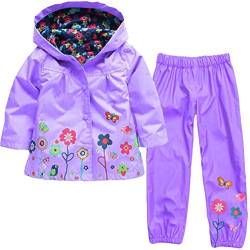 LvRao Kinder Mädchen Regenjacke mit Kapuze Regenhose 2pcs Bekleidungsset Tierdruck Blumen Regenbekleidung (Lila, 110) von LvRao