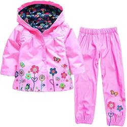 LvRao Kinder Mädchen Regenjacke mit Kapuze Regenhose 2pcs Bekleidungsset Tierdruck Blumen Regenbekleidung (Pink, 90) von LvRao