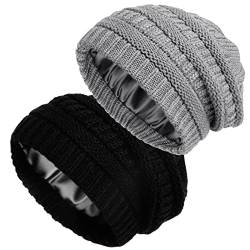 2er-Pack Satin gefütterte Strickmütze für Frauen Winter warme Stretch Slouch Cable Beanie mit Satin-Seidenfutter, Black+light Grey, Einheitsgr��e von Lvaiz Hats