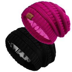 2er-Pack Satin gefütterte Strickmütze für Frauen Winter warme Stretch Slouch Cable Beanie mit Satin-Seidenfutter, Schwarz/Rosé, Einheitsgr��e von Lvaiz Hats