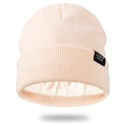 Mit Satin gefütterte Wintermütze für Damen, Unisex, Baumwolle, Strickmütze mit Bündchen und seidigem Futter, Slouchy Skull Cap, Beige, Einheitsgröße von Lvaiz Hats