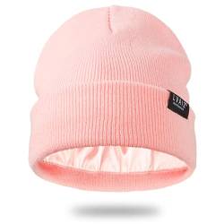 Satin gefütterte Winter Beanie Hüte für Frauen Strickuhr Hut mit Seide Futter Unisex Solide Schädel Kappe, Pink, Einheitsgröße von Lvaiz Hats