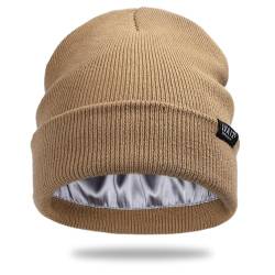 Satin gefütterte Wintermütze für Damen, Unisex, Baumwolle, Strickmütze mit Bündchen und seidigem Futter, lässige Totenkopfmütze, Khaki, Einheitsgröße von Lvaiz Hats