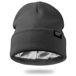 Satin gefütterte Wintermütze für Damen, Unisex, Baumwolle, Strickmütze mit Bündchen und seidigem Futter, lässige Totenkopfmütze, grau dunkel, Einheitsgröße von Lvaiz Hats