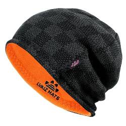 Wintermütze für Herren und Damen, mit Fleece gefüttert, dick, warm, kariert, gestrickt, Totenkopf-Beanie, wendbar, Outdoor, winddicht, Ski-Uhrenkappe, Schwarz/Orange, Einheitsgr��e von Lvaiz Hats