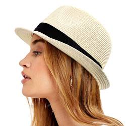 Damen Strohhut mit kurzer Krempe, Panama, Fedora, Strand, Sonne, Trilby-Hut für Urlaub, Herren, aufrollbarer Sommerhut, Beige Weiß L, Einheitsgröße von Lvaiz