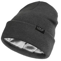 Satin gefütterte Wintermütze für Frauen Strickuhr Mütze mit Seidenfutter Unisex Solid Skull Cap, dunkelgrau, Einheitsgröße von Lvaiz