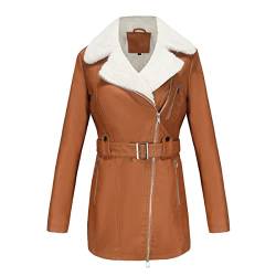 Lvguang Damen Kunstlederjacke Winterjacke Wildlederimitat Mantel Lässig Herbst Winter Retro Umkippen Jacken Lange Mantel Asymmetrischer Reißverschluss Schlanke Lederjacke (Kamel,M) von Lvguang