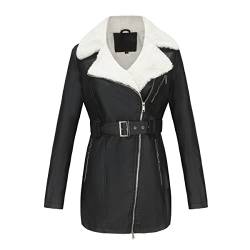 Lvguang Damen Kunstlederjacke Winterjacke Wildlederimitat Mantel Lässig Herbst Winter Retro Umkippen Jacken Lange Mantel Asymmetrischer Reißverschluss Schlanke Lederjacke (Schwarz,M) von Lvguang