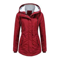 Lvguang Damen Parka Mittellang Outdoor Jacken mit Kapuze Reißverschluss Warm Fleece Gefütterter Warme Damenmantel Winter Draussen Gepolstert Jacke (Jujube Rot,4XL) von Lvguang