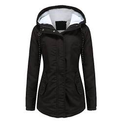 Lvguang Damen Parka Mittellang Outdoor Jacken mit Kapuze Reißverschluss Warm Fleece Gefütterter Warme Damenmantel Winter Draussen Gepolstert Jacke (Schwarz,XL) von Lvguang