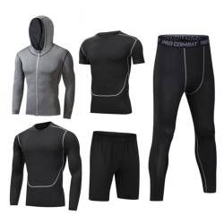 Lvguang Herren 5 Stücke Sportanzug-Set Schnelltrocknend Atmungsaktiv Fitness Strumpfhosen Leichter Reißverschluss Weich Joggen Kleidung Winterausrüstung Sport Anzug (Grau,M,Ohne Samt) von Lvguang