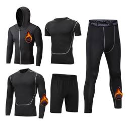 Lvguang Herren 5 Stücke Sportanzug-Set Schnelltrocknend Atmungsaktiv Fitness Strumpfhosen Leichter Reißverschluss Weich Joggen Kleidung Winterausrüstung Verdicken Sport Anzug (Schwarz,3XL) von Lvguang