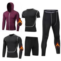 Lvguang Herren 5 Stücke Sportanzug-Set Schnelltrocknend Atmungsaktiv Fitness Strumpfhosen Leichter Reißverschluss Weich Joggen Kleidung Winterausrüstung Verdicken Sport Anzug (Wein Rot,L) von Lvguang