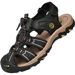 Lvptsh Sandalen Herren Trekkingsandalen Wandersandalen Outdoorschuhe Sommer Freizeitschuhe Leder Strand Sandalen Wanderschuhe Geschlossene Outdoor Sport Sandale,Schwarz,EU46 von Lvptsh