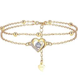 Lydreewam Herz Armband für Damen 925 Sterling Silber Doppel Armkette mit Kugeln und Zirkonia Muttertag Geburtstag Geschenk, verstellbar 17+4cm (Gold) von Lydreewam