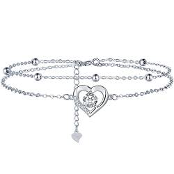 Lydreewam Liebe Herz Armband für Damen 925 Sterling Silber Doppel Armkette mit Kugeln und Zirkonia Valentinstag Muttertag Geburtstag Geschenk, verstellbar 17+4cm von Lydreewam