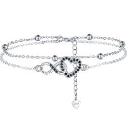 Lydreewam Unendlichkeit Herz Armband Silber 925 für Damen Doppel Layered Freundschaft Armkette mit Kugeln und Schwarz Zirkonia Muttertag Geburtstag Geschenk, Armbänder verstellbare 17+4cm von Lydreewam